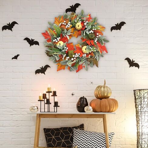 Fall Wreaths for Front Door Outside, 21 Inch Artifical Fall Front Door Wreath Fall Wreath Decor with Pumpkins Maple Leaves for Autumn Outdoor Window Wall Thanksgiving Decorations (Orange) in Saudi Arabia