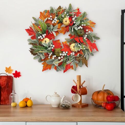 Fall Wreaths for Front Door Outside, 21 Inch Artifical Fall Front Door Wreath Fall Wreath Decor with Pumpkins Maple Leaves for Autumn Outdoor Window Wall Thanksgiving Decorations (Orange) in Saudi Arabia