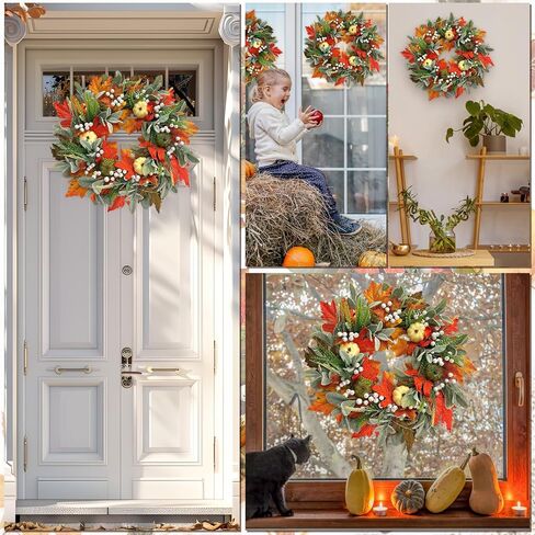 Fall Wreaths for Front Door Outside, 21 Inch Artifical Fall Front Door Wreath Fall Wreath Decor with Pumpkins Maple Leaves for Autumn Outdoor Window Wall Thanksgiving Decorations (Orange) in Saudi Arabia