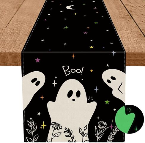 Halloween Luminous Table Runner Cute Ghost Floral Stars Noctilucent Runner Farmhouse Holiday Home Party Kitchen Dining Table Glow in The Dark Indoor Outdoor Decoration 13x72 Inch in Saudi Arabia