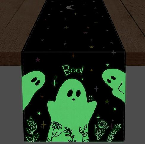 Halloween Luminous Table Runner Cute Ghost Floral Stars Noctilucent Runner Farmhouse Holiday Home Party Kitchen Dining Table Glow in The Dark Indoor Outdoor Decoration 13x72 Inch in Saudi Arabia