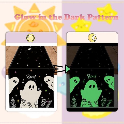 Halloween Luminous Table Runner Cute Ghost Floral Stars Noctilucent Runner Farmhouse Holiday Home Party Kitchen Dining Table Glow in The Dark Indoor Outdoor Decoration 13x72 Inch in Saudi Arabia