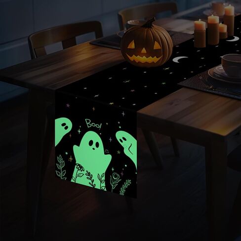 Halloween Luminous Table Runner Cute Ghost Floral Stars Noctilucent Runner Farmhouse Holiday Home Party Kitchen Dining Table Glow in The Dark Indoor Outdoor Decoration 13x72 Inch in Saudi Arabia