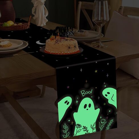 Halloween Luminous Table Runner Cute Ghost Floral Stars Noctilucent Runner Farmhouse Holiday Home Party Kitchen Dining Table Glow in The Dark Indoor Outdoor Decoration 13x72 Inch in Saudi Arabia