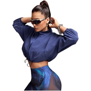 SweatyRocks Women's Long Sleeve Zipper Drawstring Crop Jacket High Neck Running Jackets with Pockets