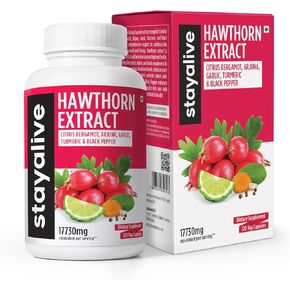 STAY ALIVE Hawthorn Berry Capsules 9000mg, Citrus Bergamot 6000mg, Garlic 1000mg, Turmeric 1125mg, Arjuna 600mg & Black Pepper Extract, Supports Cardiovascular Heart & Immune System, 120 Vegan Pills