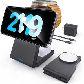 Foldable 3 in 1 Charging Station for Multiple Devices, Travel Wireless Charger for MagSafe Charger Stand, Magnetic Charging Stand for iPhone 15/14/13/12 for Apple Watch AirPods