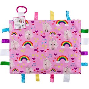 Baby Jack & Co 8x8" Unicorn Lovey Tag Toys for Babies - Baby Crinkle Toys - Crinkle Toys for Baby - Soft & Safe - Learn Shapes & Colors - Ideal Baby Toy - BPA Free w/Stroller Clip