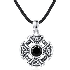 MEDWISE Men's Celtic Cross Necklace 925 Sterling Silver Irsh Knot Pendant Nordic Viking Jewelry Religious Gifts 22"+2" Leather Chain