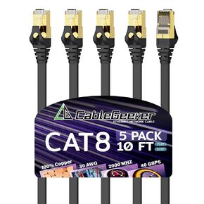 CableGeeker Cat 8 Ethernet Cable 5FT 5 Pack Black, 40Gbps 2000Mhz High Speed LAN Network Cable Gigabit Cat8 Patch Cables, Professional RJ45 Flat Internet Cable for Modem,Router,PC,PS5,Xbox,Patch Panel