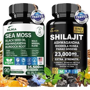 Shilajit 9000mg, Sea Moss 17500mg, Ginger & Black Seed Oil 4000mg, Ashwagandha 5000mg, Rhodiola Rosea, 1000mg Panax Ginseng 1500mg, All in 1 Supplement - Sea Moss & Shilajit Vitality Bundle