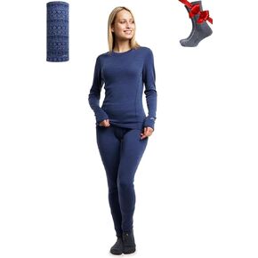 Merino Wool Base Layer Womens Set - Midweight Merino Wool Thermal Underwear for Women Top & Bottom + Neck Gaiter