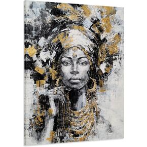 Yihui Arts Black Woman Painting with Gold Foil - Hand Painted African American Canvas Wall Art for Living Room, Bedroom, and Hallway Decor
