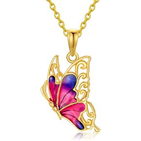 14K Gold Butterfly Necklaces for Women Enamel Butterfly Pendant Necklace Solid Yellow Gold Small Butterfly Jewelry Gift for Wife Girlfriend