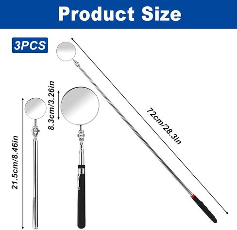 3 Pack Stainless Steel Mechanic Mirror Round Mirror Inspection Tool Telescoping Inspection Mirror Long Handle Extendable Mirror for Check Observe Vehicle and Other Small Parts in Saudi Arabia