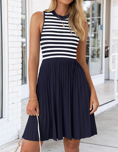 NENONA Womens Sleeveless Crew Neck Stripe Pleated Mini Dress Summer A Line Knit Tank Short Dresses in Saudi Arabia