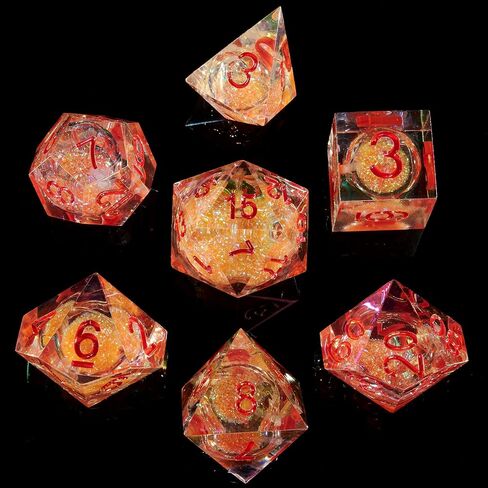 Fugacity DND Dice Set,Handmade Sharp Edge 7 Piece Resin Dice-Dungeons and Dragons Polyhedral Dice Set, D&D Dice Set with Gift Dice Case for RPG MTG Table Games(Red Flower & Blue) in Saudi Arabia