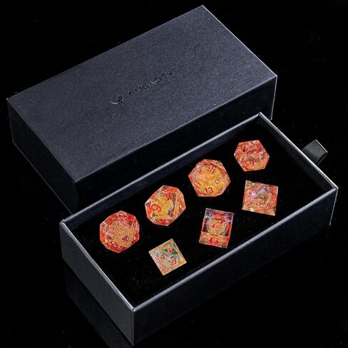 Fugacity DND Dice Set,Handmade Sharp Edge 7 Piece Resin Dice-Dungeons and Dragons Polyhedral Dice Set, D&D Dice Set with Gift Dice Case for RPG MTG Table Games(Red Flower & Blue) in Saudi Arabia