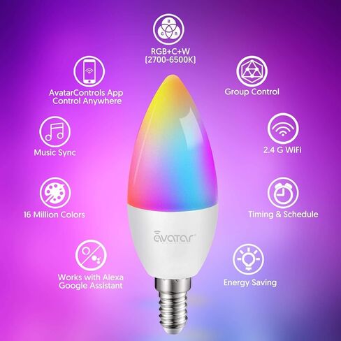 6 Pack E12 Smart Bulbs, Alexa WiFi Candelabra Smart Light Bulbs 5W 2700K-6500K Color Changing Dimmable RGBCW, Music Timer Ceiling Fan Smart B11 Candle Base Small LED Light Bulb, 2.4GHz WiFi in Kuwait