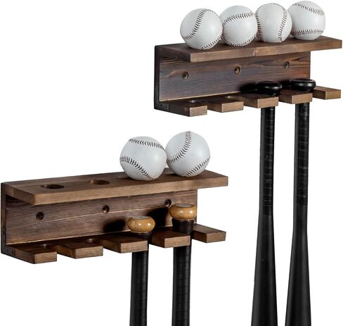MyGift Solid Burnt Wood Baseball Bat Holder and Ball Display Shelf, Wall Mounted Sports Memorabilia and Collectibles Floating Shelf in Kuwait
