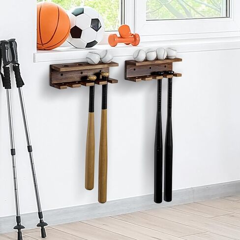 MyGift Solid Burnt Wood Baseball Bat Holder and Ball Display Shelf, Wall Mounted Sports Memorabilia and Collectibles Floating Shelf in Kuwait