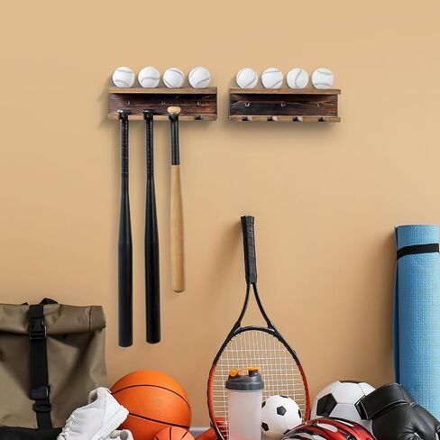 MyGift Solid Burnt Wood Baseball Bat Holder and Ball Display Shelf, Wall Mounted Sports Memorabilia and Collectibles Floating Shelf in Kuwait