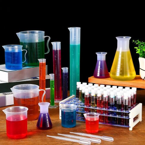 Baderke 40 قطعة من أنابيب الاختبار البلاستيكية مع رف 5 قطع أسطوانة متدرجة 6 قطع أكواب بلاستيكية 3 قطع قارورة Erlenmeyer بلاستيكية 10 قطع ماصة نقل بلاستيكية لحفلة مختبر المدرسة DIY in Saudi Arabia
