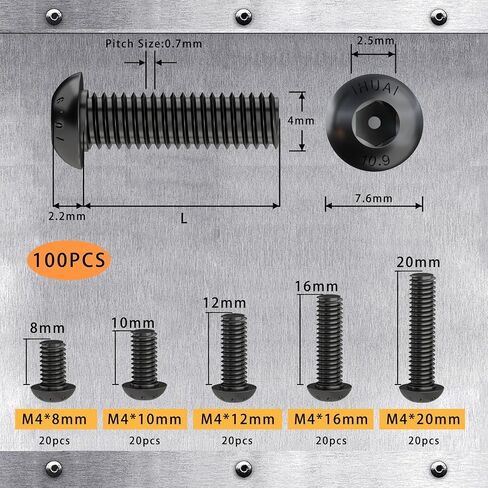 M4 x 20mm 25mm 30mm 35mm 40mm Hex Socket Head Cap Screws Bolts, 12.9 Grade Alloy Steel, Black Oxide Finish, Fully Threaded, Metric Allen Hex Drive, Assortment Kit 50Pcs in Kuwait