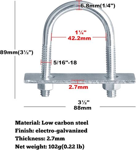 10 قطع من البراغي المستديرة على شكل حرف U بعرض داخلي 42 مم تقبل حجم الأنبوب الاسمي: 1-1/4 بوصة (أنبوب OD 1-5/8 بوصة)، طول 89 مم من الفولاذ مع صامولة ولوحة وقطر الخيط: 5/16 بوصة in Kuwait