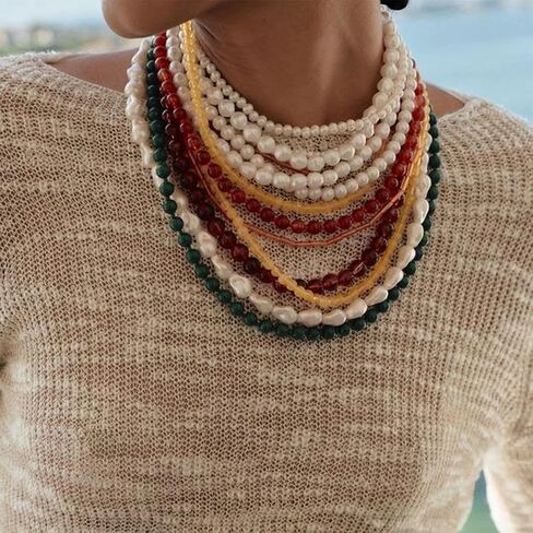 Multi-Layered Beaded Pearl Choker Necklace, Flapper Beads Cluster Long Choker Necklace, Multi-Strand Statement Necklace in Saudi Arabia