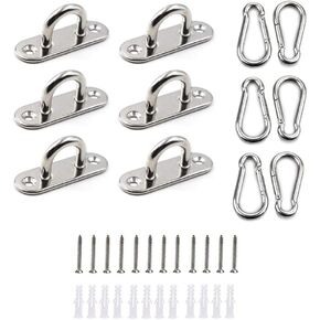 HOMPER 6Pcs M5 304 Stainless Steel Oblong Pad Eye Plate and 6Pcs Carabiner Clips, Marine Hardware Staple Hook Loop with 12 Screws and Plastic Plugs