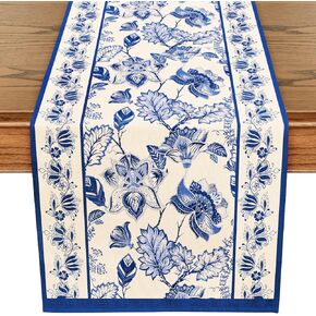 WRAPAHOLIC Blue Floral Table Runner - 13 x 72 inch - Seasonal Spring Summer Farmhouse Burlap Indoor Kitchen Anniversary Wedding Dining Table Decorations for Home Party
