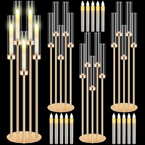 Tandefio 4 Set Gold Floor 35'' Tall Candelabra Centerpieces 5 Arm Metal Candlestick Holder Clear Acrylic Lampshades with LED Candles for Halloween Christmas Wedding Event Party Table Fireplace Decor
