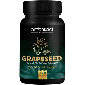 AMBROSIAL Grape Seed Extract Capsules, 95% OPCs Polyphenols, High Strength, Strong Antioxidant, Immune Support, Grapefruit Seed Extract Supplement, Pack of 1-120 Vegan Capsules