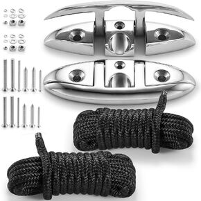 Boat Cleat 6 Inch, Folding Dock Cleats, 316 Stainless Steel Cleat with 2PCS Dock Lines 3/8" x 15' Boat Ropes for Docking with 12" Loop, Marine Grade Rope and Folding Cleat for Deck Boat / Yacht/ Deck