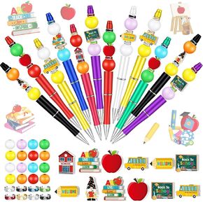 Zhanmai 197 Pcs Beadable Pens Kit Back to School DIY Bead Pens Making Kit 24 Pcs Plastic Assorted Bead Pens 101 Pcs Colorful Wooden Beads 48 Pcs Spacer Beads 24 Pcs Foil Bags for Kids School Supplies