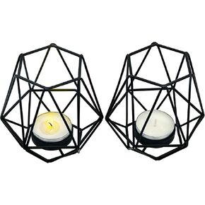 Lily's Home Set of 4 Hexagon Geometric Tea Light Candle Holders - Perfect for Home & Living Room Decor, Fireplace Mantel, Kitchen Table Decor and Christmas Party Ornaments - Black Metal Votive Holders