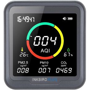INKBIRDPLUS Indoor Air Quality Monitor with Alarm, can detect CO2, PM2.5, PM10, AQI, Temperature & Humidity, 6-in-1 Indoor Monitor, for Bedroom, Kitchen, Cellar, car, Grow Tent etc.