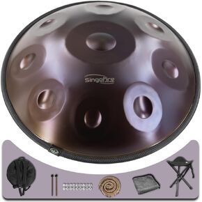 "SINGOFIRE" Handpan Drum, Handpan Drum for Adults, 22-Inch 10-Notes 440Hz D Minor Kurd Handpan, Hand Pan Instrument with Soft Handpan Bag, 2 Handpan Mallets, Handpan Stand and Dust-Free Cloth (Black)