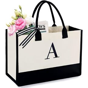 BeeGreen BEST MOM Birthday Gifts Embroidery 13oz Canvas Tote Bag with Pocket & Removable Bottom Support Personalized Tote Bag Initial Tote Bag Unique Gifts For Women Personalized Gifts
