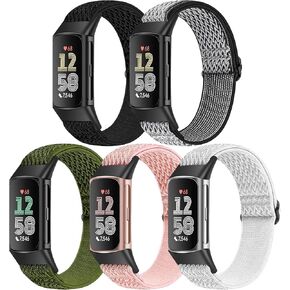 5 Pack Elastic Nylon Watch Bands Compatible for Fitbit Charge 6/Fitbit Charge 5, Adjustable Breathable Replacement Stretchy Nylon Loop Wristband Sport Strap for Women Men