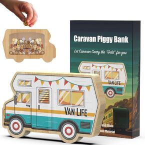 RV Camper Coin Money Bank, Camper Trailer Wooden Piggy Bank with Transparent Window, Coin Bank Fun Rv Gifts for Birthday, Christmas, Festival, Baby Shower,Home, Rv Deco