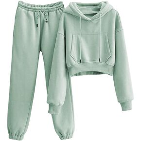 Women's 2pc Airport Outfits Casual Hoodie Fleece Tracksuit Sweatshirt Pullover Jogging Pants Pockets