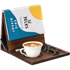Wooden Book Holder Stand for Page Rest Book Nook Reading Valet with Coffee Mug Cup Glasses Pen Ipad Holder for Nightstand Desktop Bedside Birthday Gifts for Book Lovers