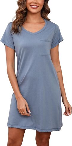 PNAEONG Womens Cotton Nightshirt Soft Nightgowns Short Sleeve Casual Pajama Dress Sleepwear with Breast Pocket S-3XL in Kuwait