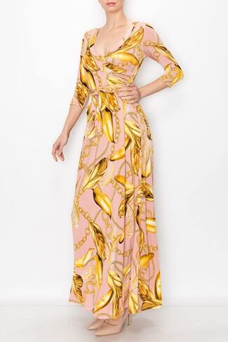 Bon Rosy Women's 3/4 Sleeve V-Neck Printed Maxi Faux Wrap Floral Dress Light Blue Pink L in Saudi Arabia