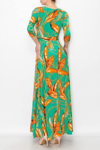 Bon Rosy Women's 3/4 Sleeve V-Neck Printed Maxi Faux Wrap Floral Dress Light Blue Pink L in Saudi Arabia