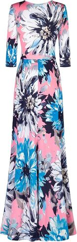 Bon Rosy Women's 3/4 Sleeve V-Neck Printed Maxi Faux Wrap Floral Dress Light Blue Pink L in Saudi Arabia