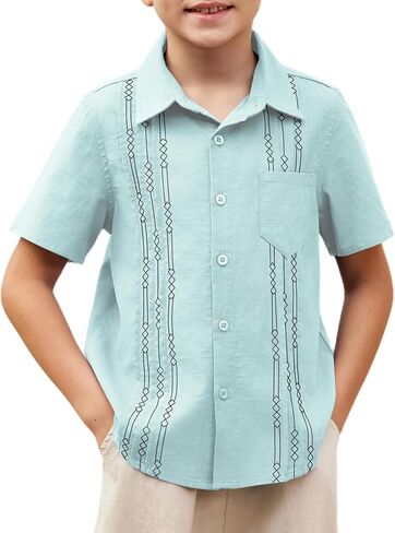 قميص Arshiner Boys من القطن والكتان الكوبي Guayabera قميص كاجوال بأكمام قصيرة وأزرار سفلية قمصان صيفية للشاطئ in Saudi Arabia