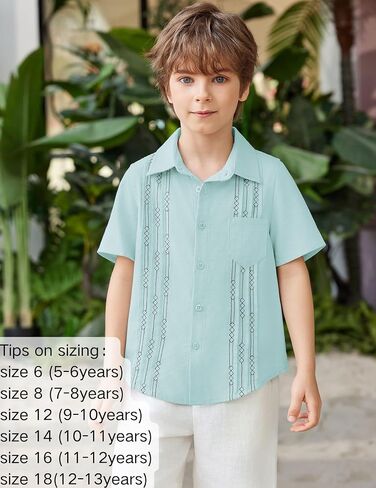 قميص Arshiner Boys من القطن والكتان الكوبي Guayabera قميص كاجوال بأكمام قصيرة وأزرار سفلية قمصان صيفية للشاطئ in Saudi Arabia